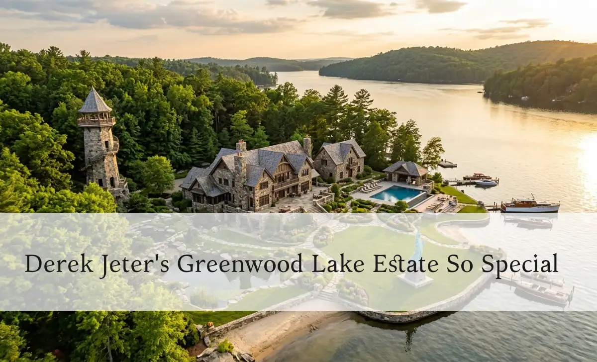 Aerial view of Derek Jeter's lakefront mansion on Greenwood Lake with infinity pool and manicured gardens