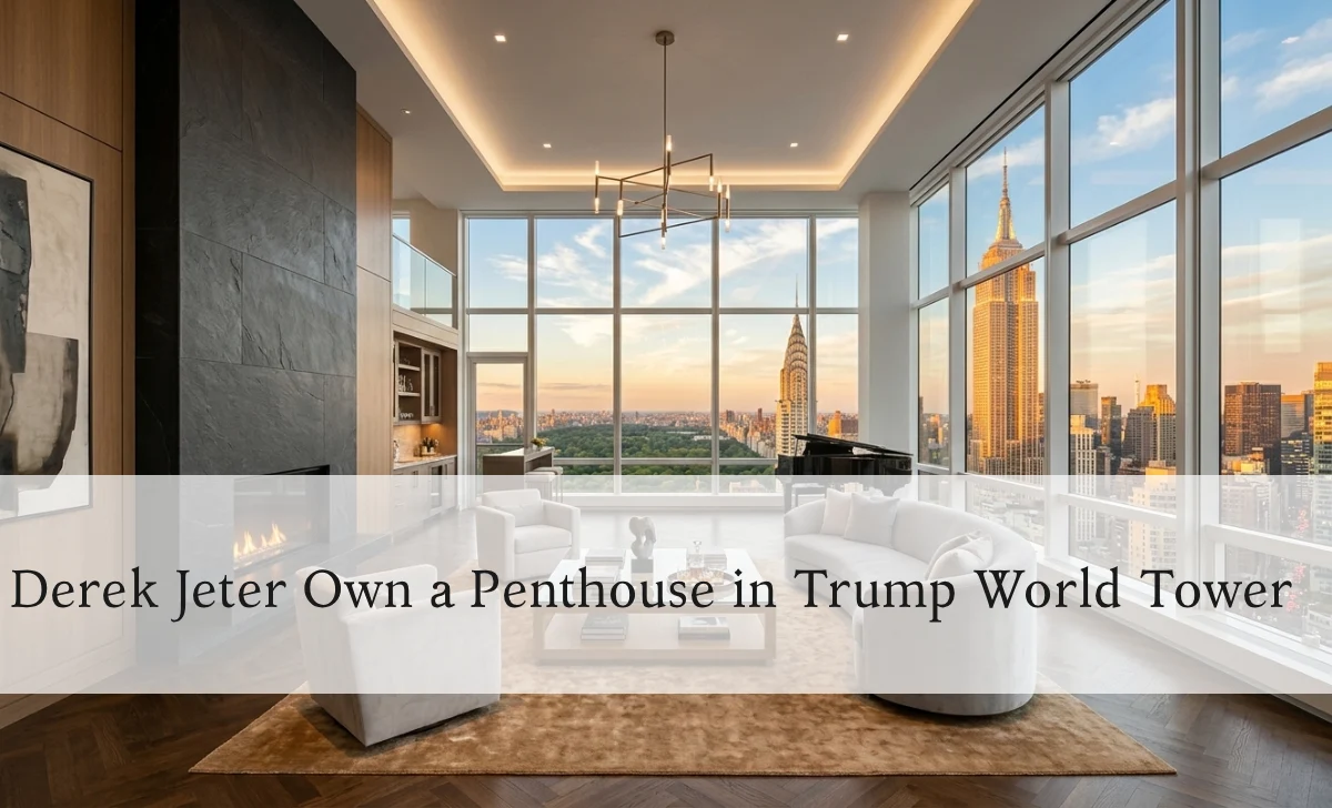 Interior view of Derek Jeter's former penthouse at Trump World Tower with floor-to-ceiling windows and Empire State Building view