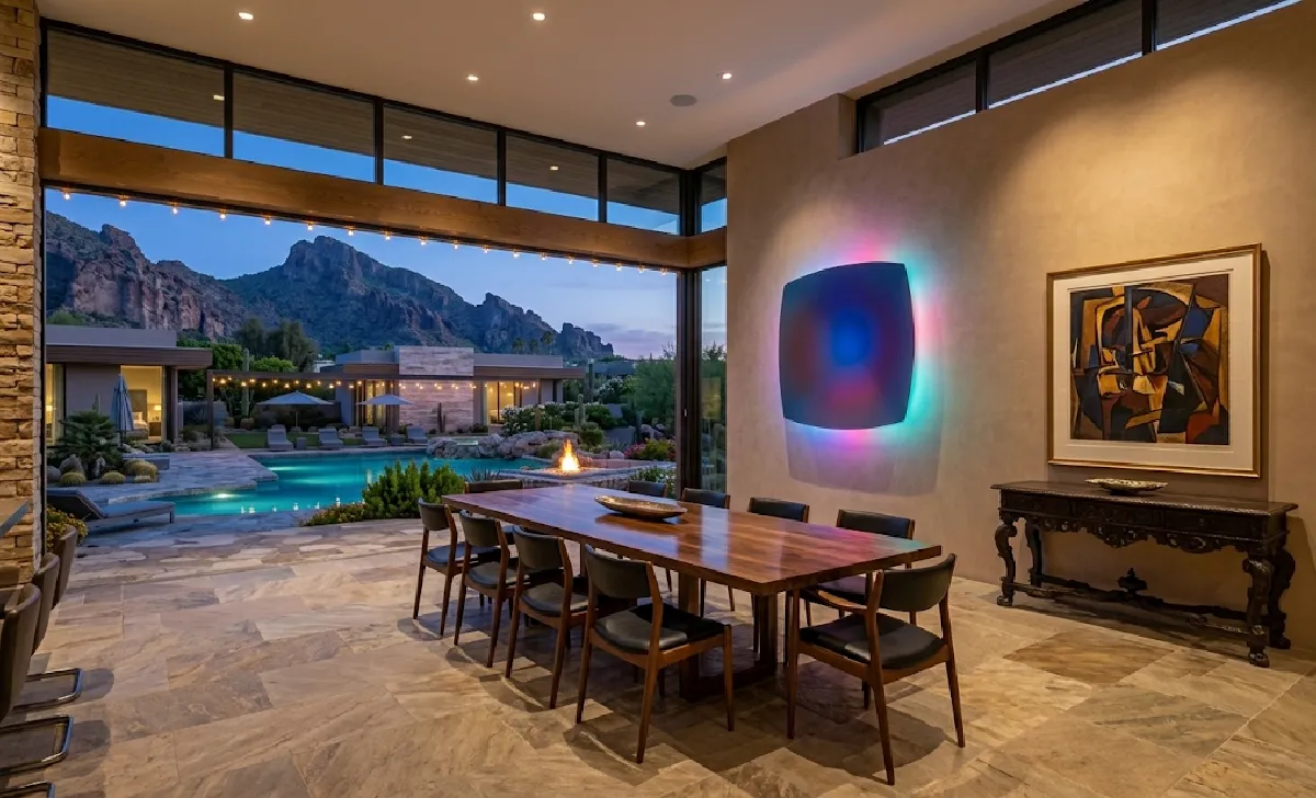 Devin Booker house dining room with black walnut table and James Turrell LED wall sculpture