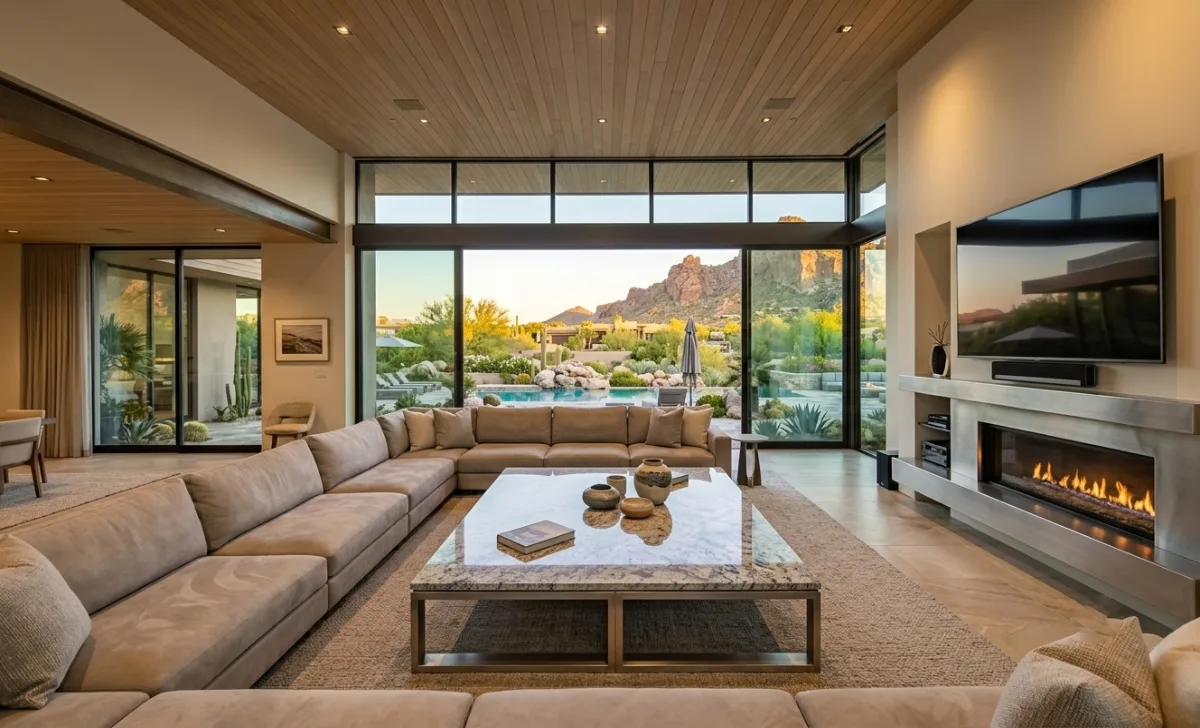 Devin Booker house great room with custom sofas fireplace and floor to ceiling glass doors