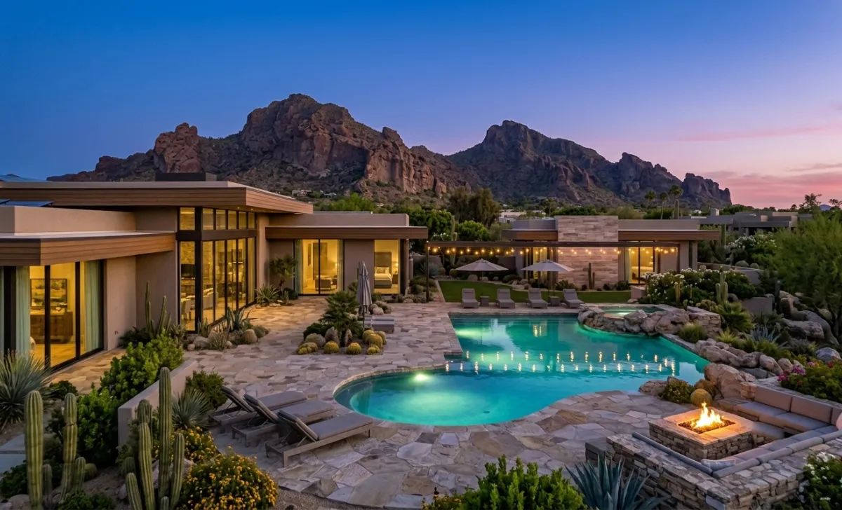 Devin Booker house backyard with Bali inspired pool fire pit and mountain views in Arizona