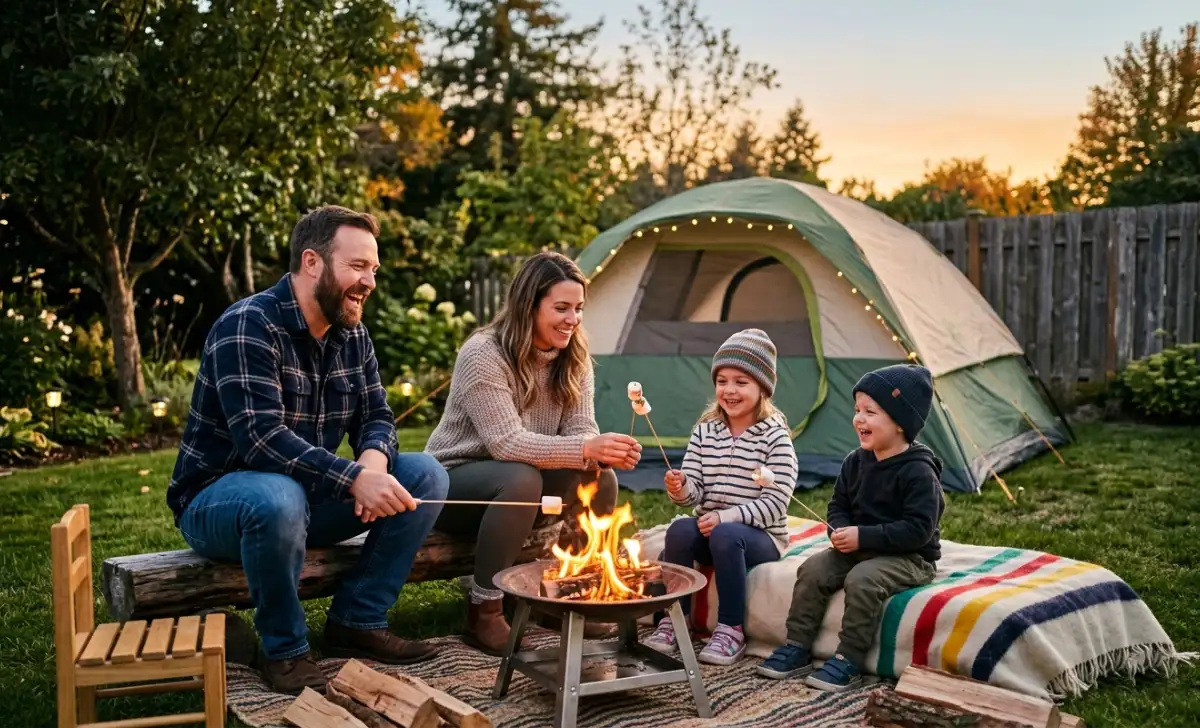 family enjoying staycation ideas with kids during a backyard camping night around a fire pit