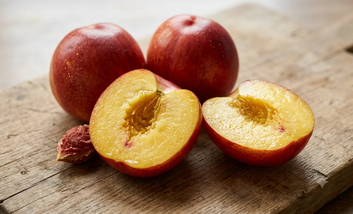 Halved Flavortop nectarine showing golden-yellow freestone flesh and red-gold skin