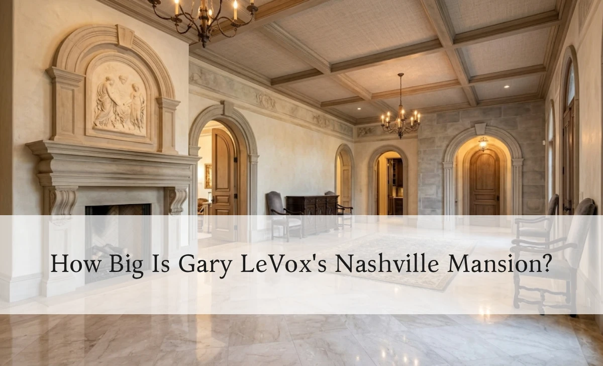 Interior marble flooring and arched fireplace in Gary LeVox's Romanesque-style mansion.