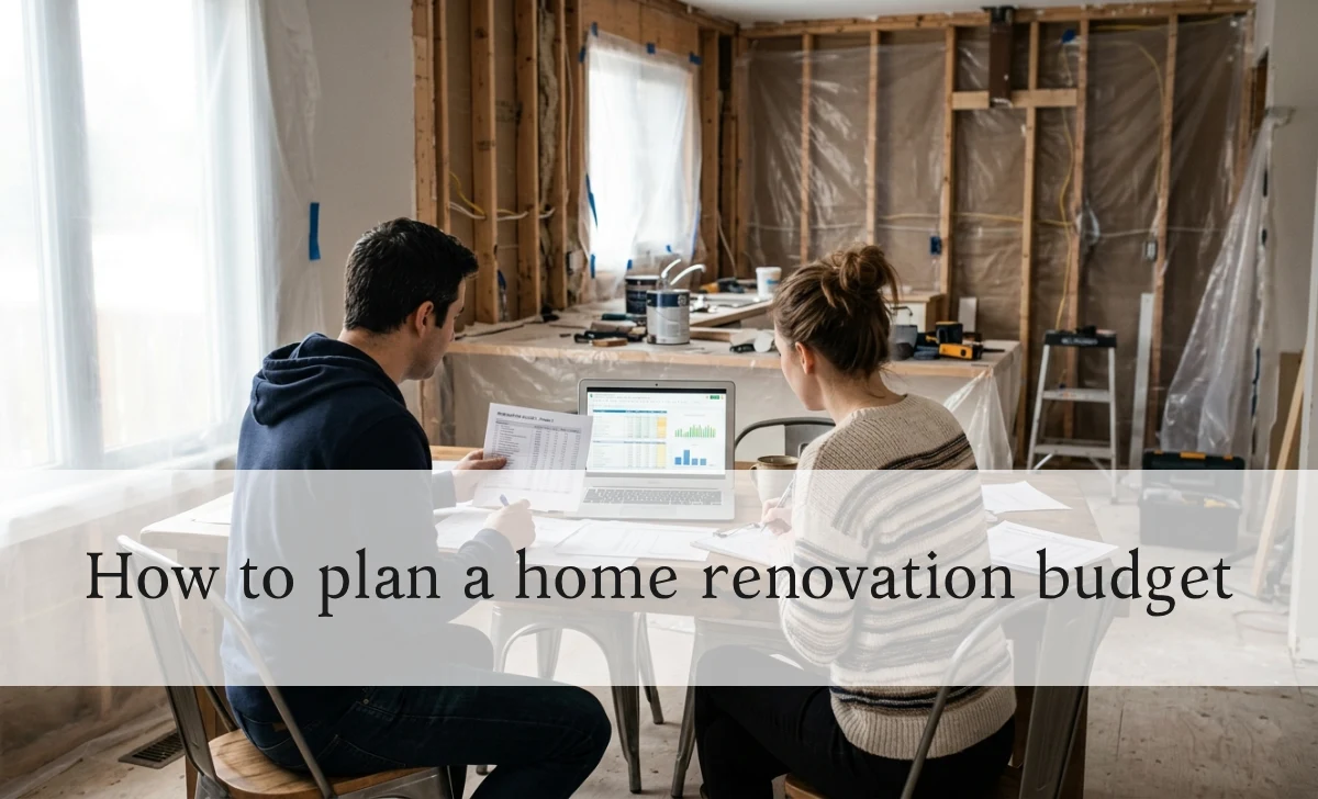 Couple reviewing home renovation budget on laptop and papers during construction
