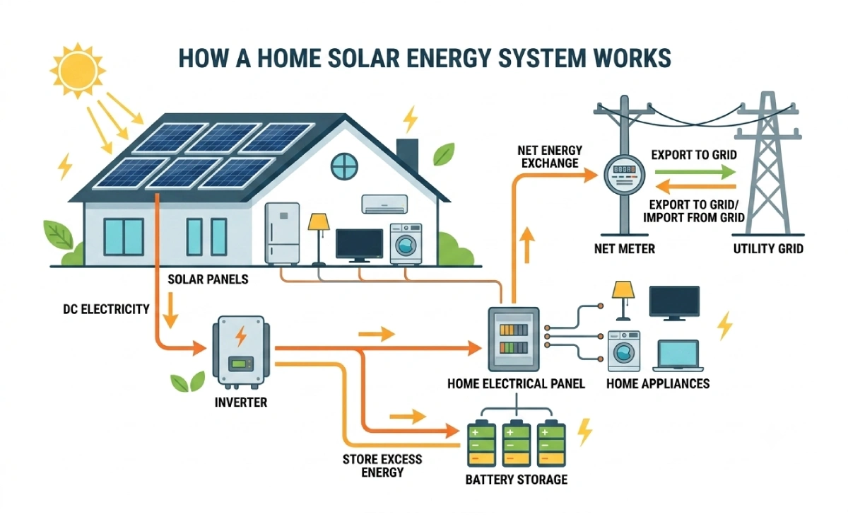 Diagram showing how a home solar energy system works with panels, inverter, and meter