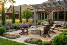 A beautifully designed backyard garden with stone fire pit, layered flower beds, structural plants, and comfortable seating, showing homenumental garden design principles in action