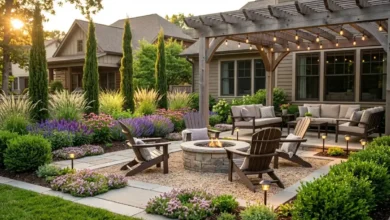 Design Your Garden Like a Personal Monument: The Homenumental Approach - Gardening | HomeImprovementGeek A beautifully designed backyard garden with stone fire pit, layered flower beds, structural plants, and comfortable seating, showing homenumental garden design principles in action