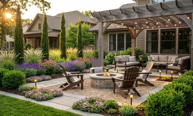A beautifully designed backyard garden with stone fire pit, layered flower beds, structural plants, and comfortable seating, showing homenumental garden design principles in action