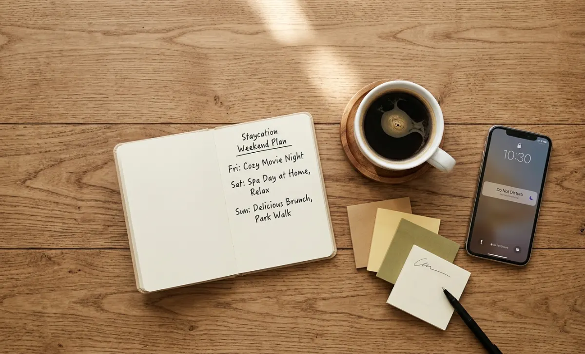 notebook and coffee on a table showing a simple plan for how to organize a staycation weekend