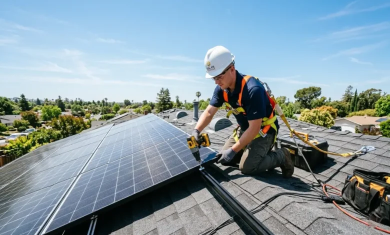 Professional installer mounting solar panels on a residential rooftop