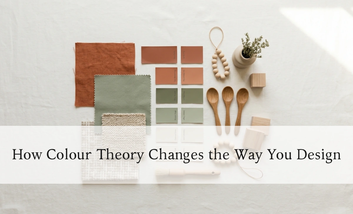 Interior design colour palette with terracotta, sage, and neutral paint swatches in natural light