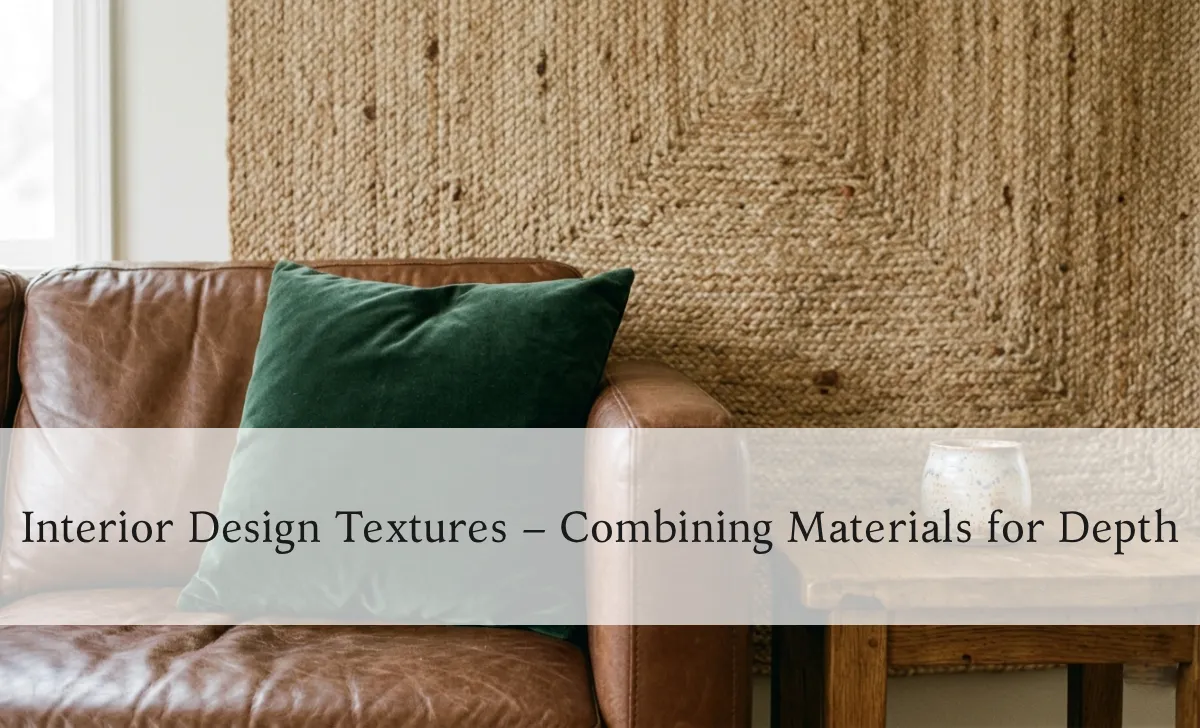 Interior design texture styling with velvet cushion, leather sofa, and jute rug in warm natural light