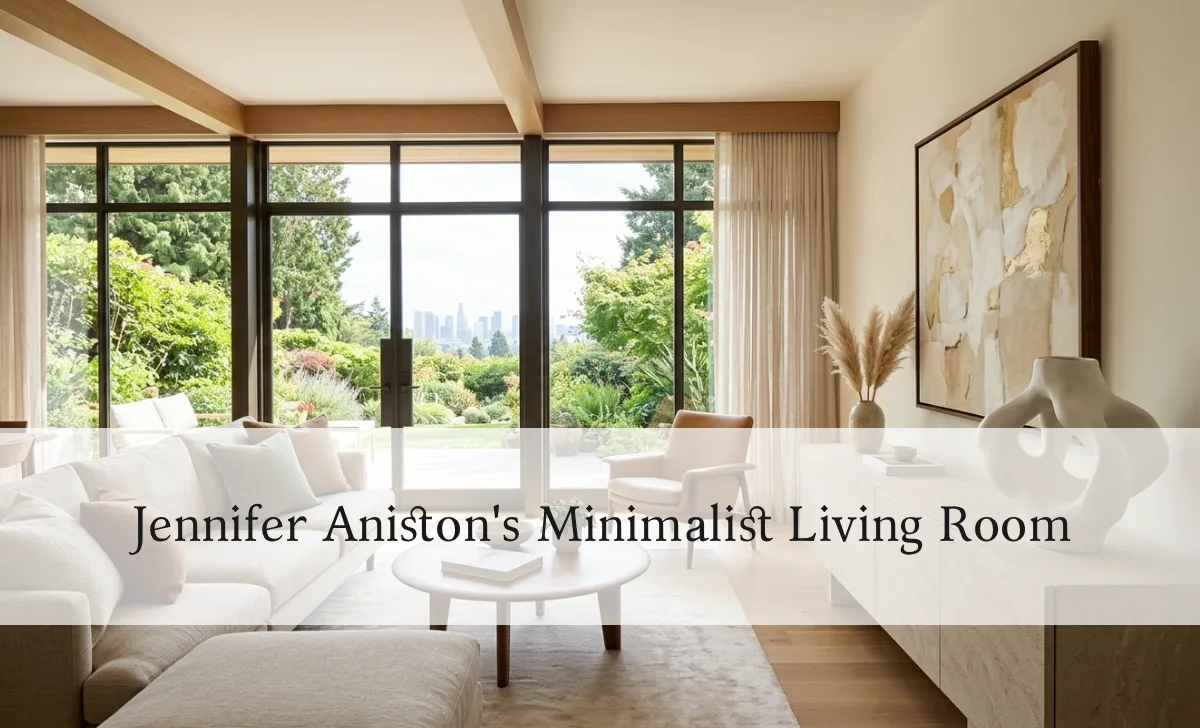 Jennifer Aniston House: Inside Her $21 Million Bel Air Mansion and Full Property Portfolio - Luxury Real Estate | HomeImprovementGeek Minimalist living room with white sculpture, earthy neutrals, and floor-to-ceiling windows in Jennifer Aniston's Bel Air home