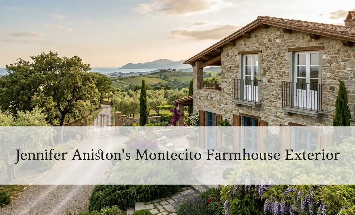 Jennifer Aniston House: Inside Her $21 Million Bel Air Mansion and Full Property Portfolio - Luxury Real Estate | HomeImprovementGeek Mediterranean-style farmhouse in Montecito with shuttered windows, terracotta roof, oak trees, and updated modern railings