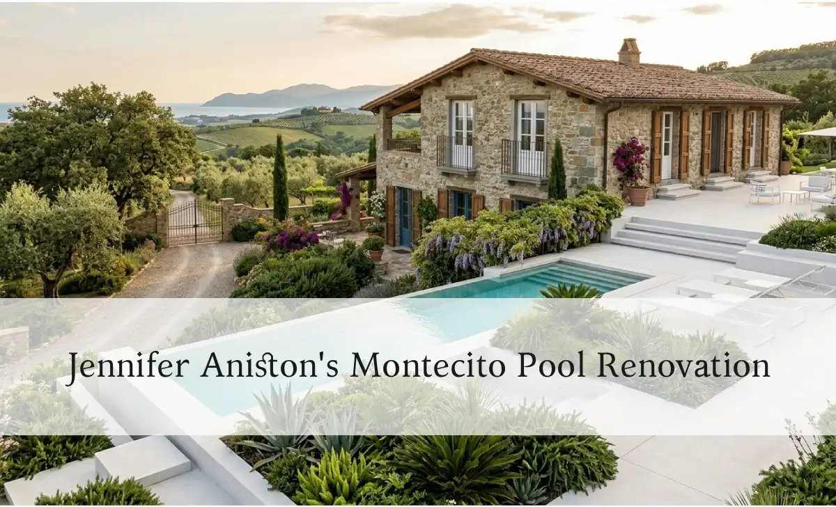 Jennifer Aniston House: Inside Her $21 Million Bel Air Mansion and Full Property Portfolio - Luxury Real Estate | HomeImprovementGeek Modern swimming pool with white planting areas and landscaping at Jennifer Aniston's Montecito farmhouse