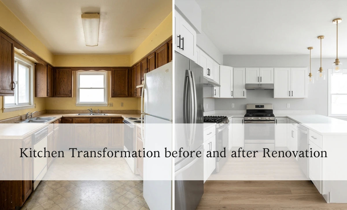 Before and after kitchen renovation showing dated kitchen transformed into modern space