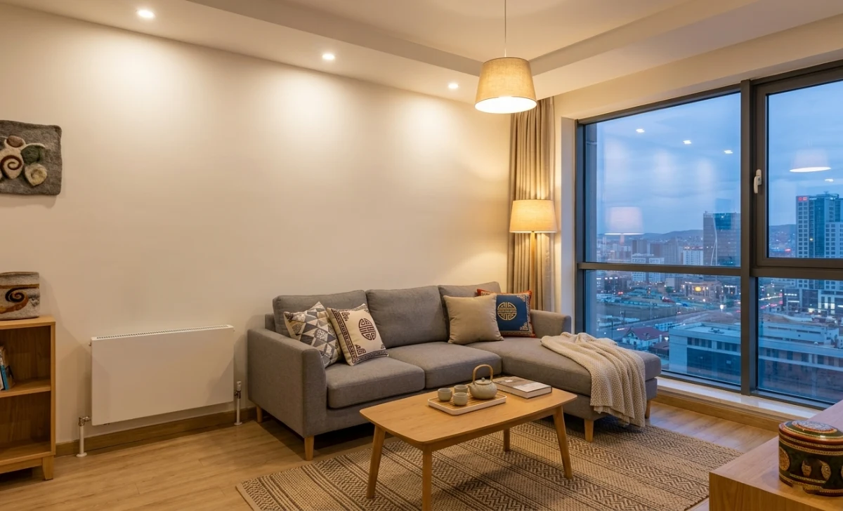 Modern Oronsuuts apartment interior in Mongolia with city view through window