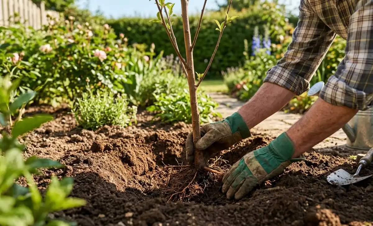 Gardener planting a bare-root Flavortop nectarine tree in a backyard garden