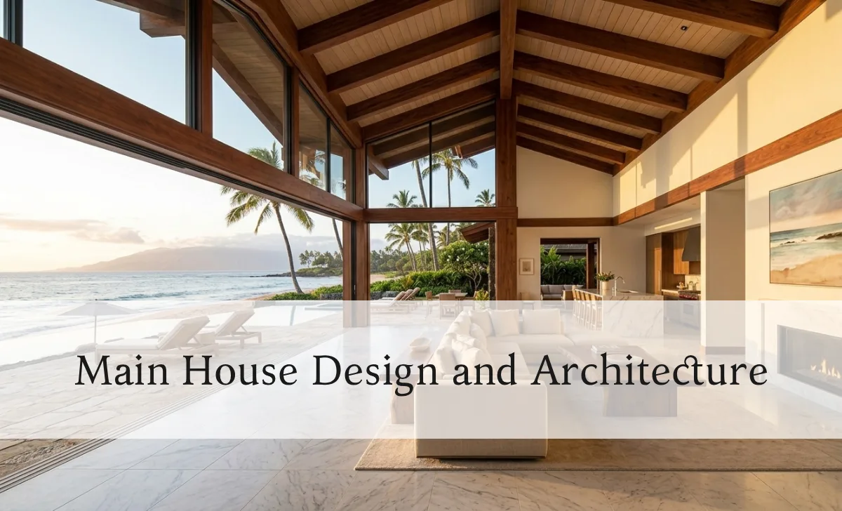 Richard Donner House: Inside the Superhero Director's Maui Retreat - Luxury Real Estate | HomeImprovementGeek Open great room interior with vaulted ceilings, exposed wood beams, marble flooring, and floor-to-ceiling glass doors opening to ocean view veranda