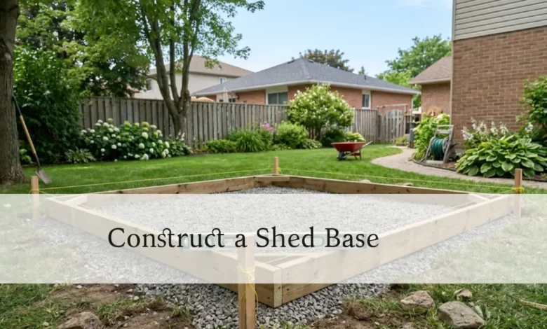 Compacted gravel shed base inside a wood frame, ready for construction