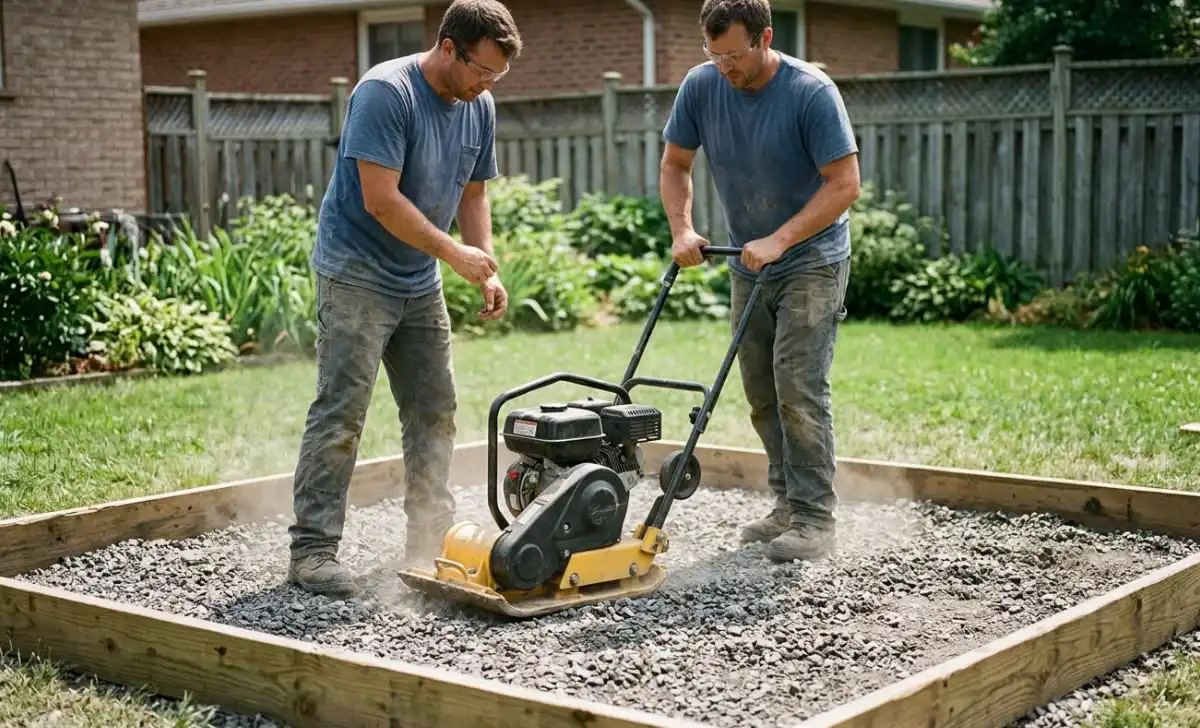 Plate compactor packing down gravel for a level shed base
