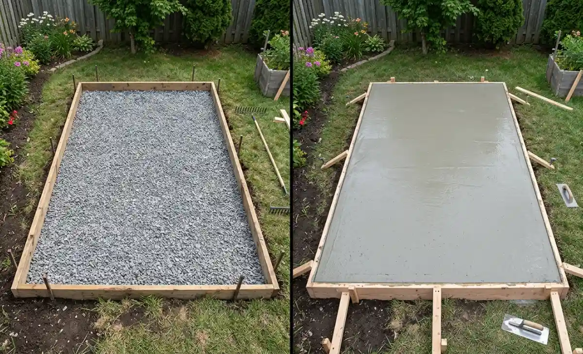 Gravel pad and concrete slab shed bases compared side by side