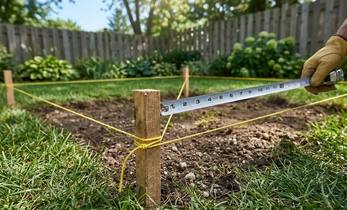 Stakes and string marking out a shed base footprint before excavation