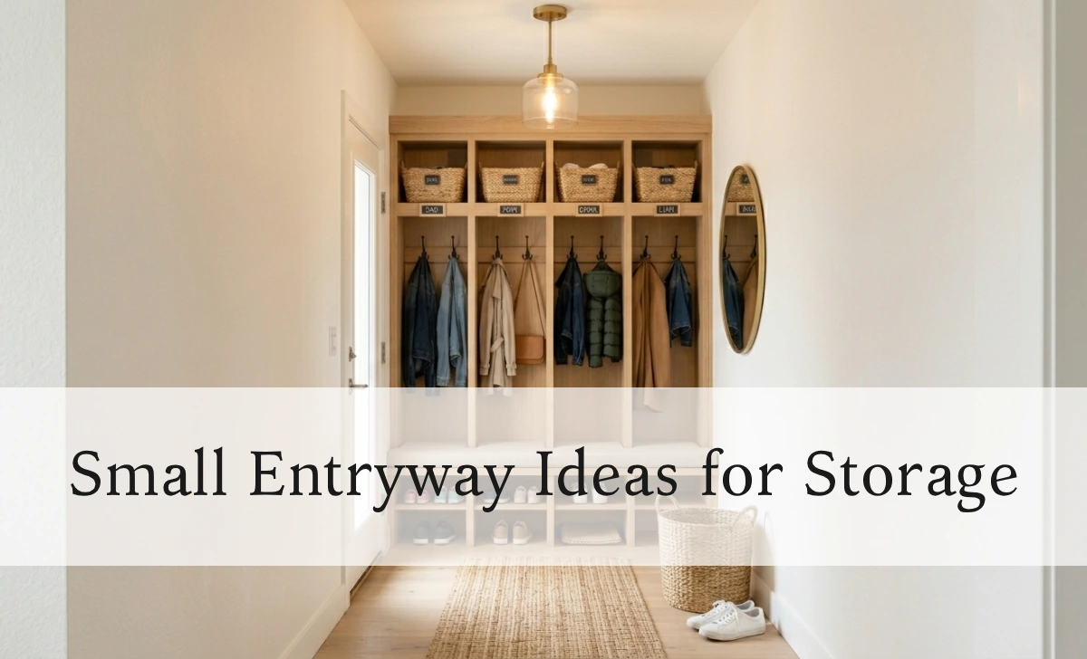 Small entryway with labelled family cubbies, hooks, and a slim storage bench