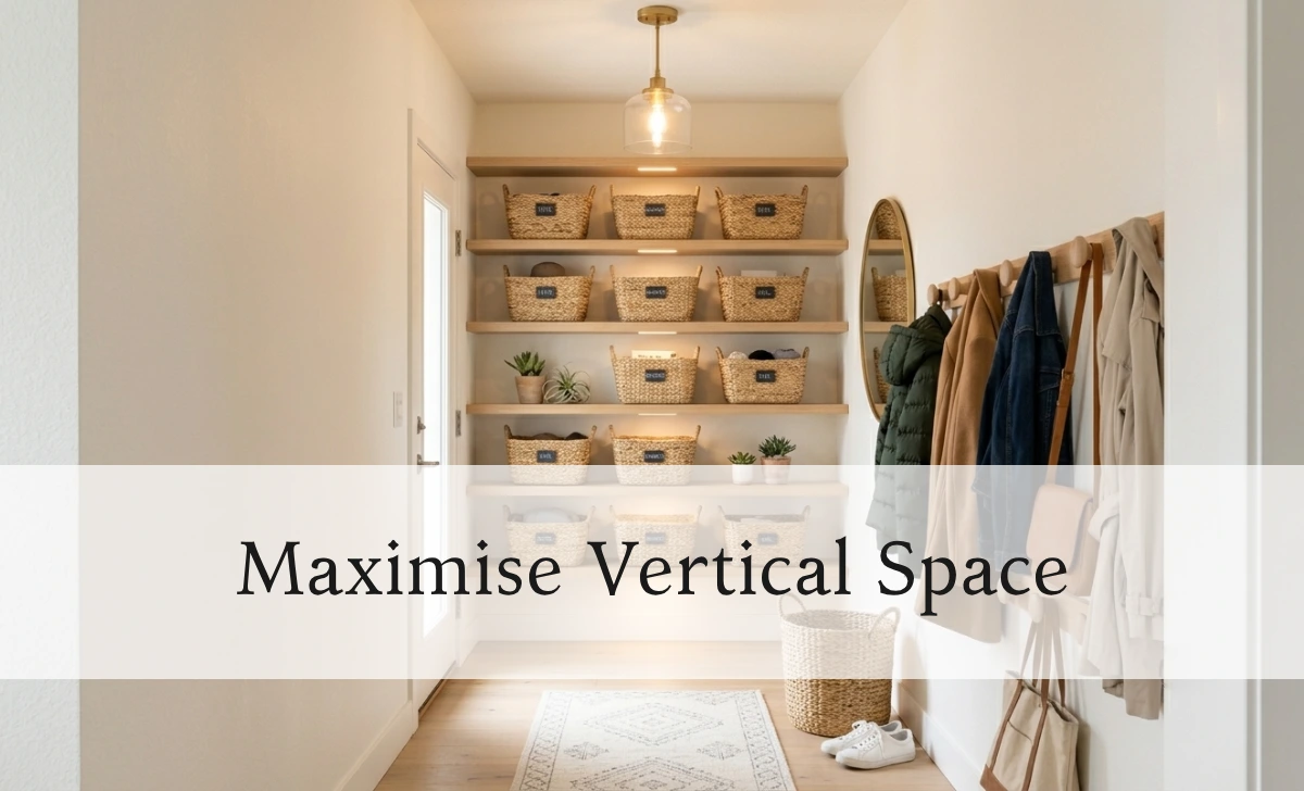 Small entryway vertical storage with floating shelves and wall hooks for coats and bags