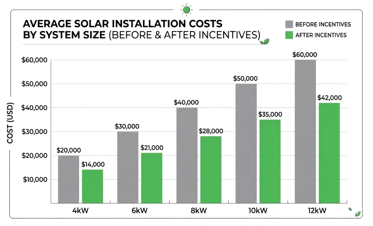 Bar chart comparing home solar installation costs by system size before and after incentives