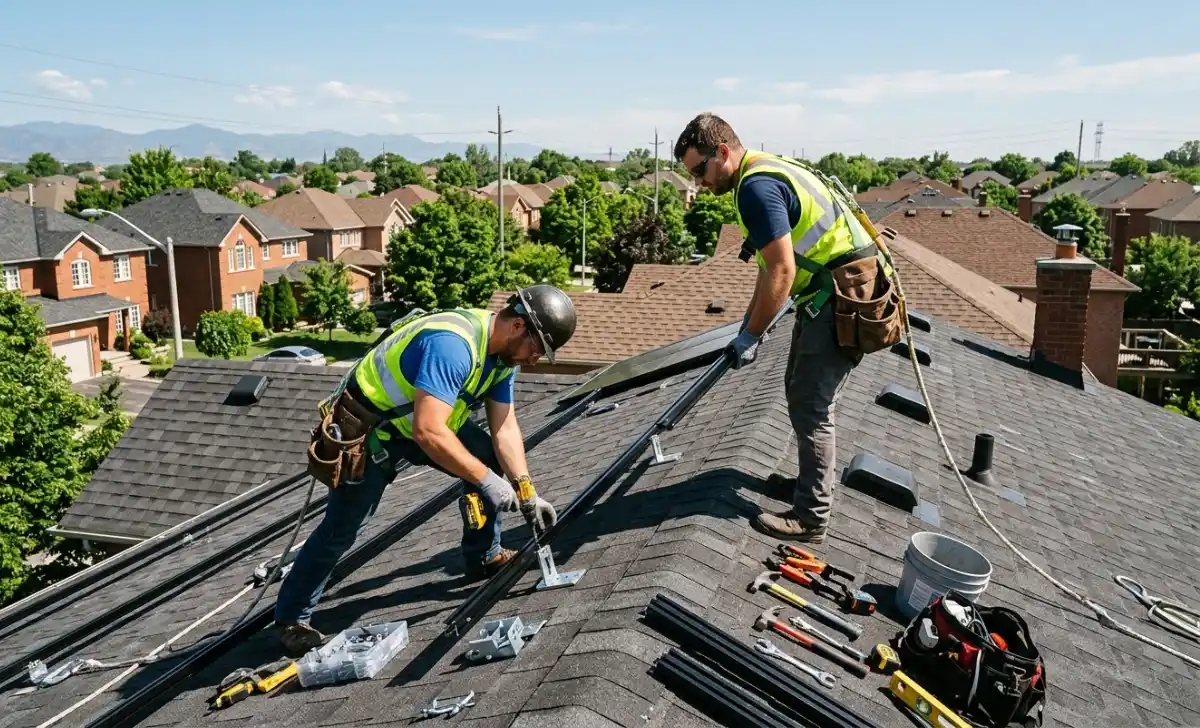 Two workers installing solar panel racking and mounting hardware on a home rooftop