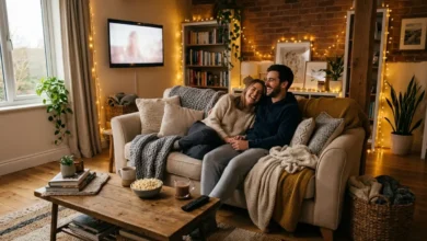 couple enjoying staycation ideas at home in a cozy living room with string lights and blankets