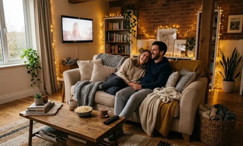 couple enjoying staycation ideas at home in a cozy living room with string lights and blankets