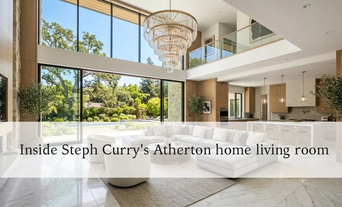 Steph Curry house interior living room with floor-to-ceiling glass doors