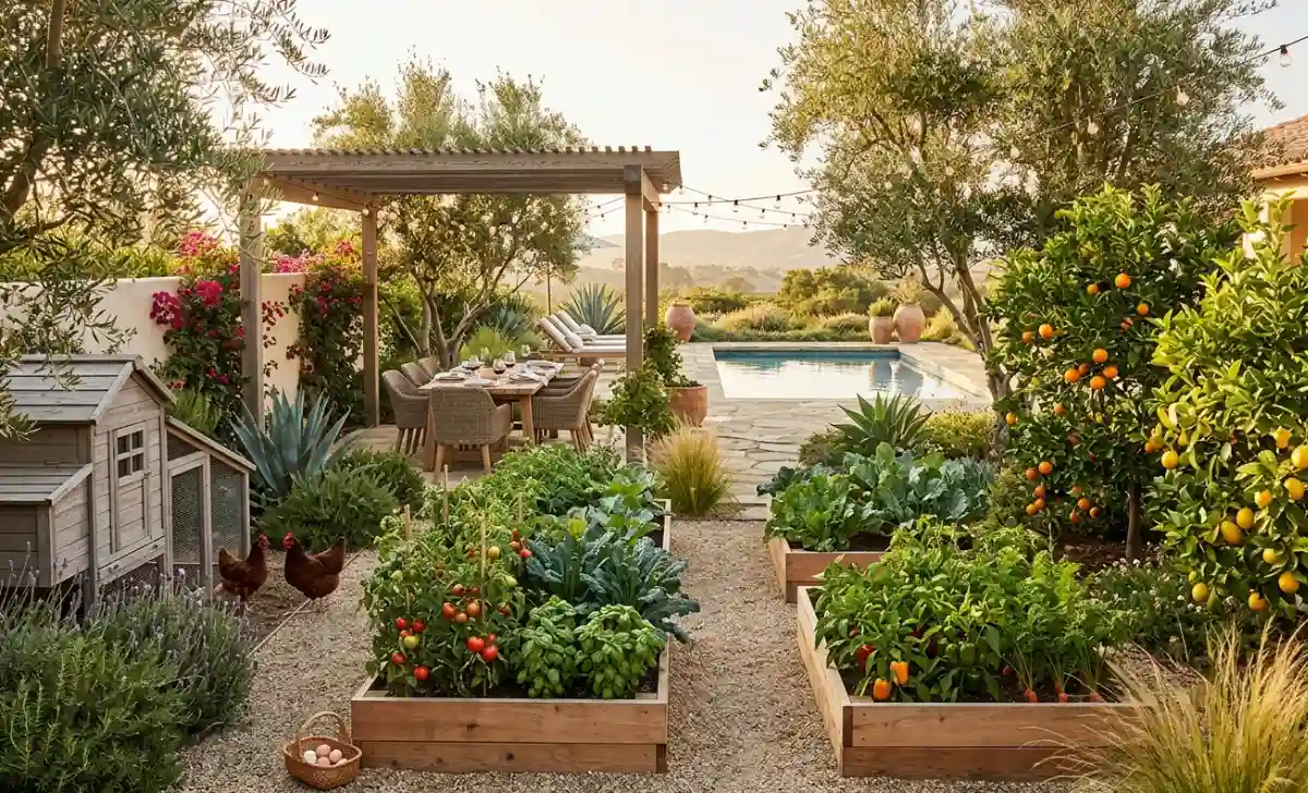 Backyard garden and chicken coop at the Tiffani Thiessen house