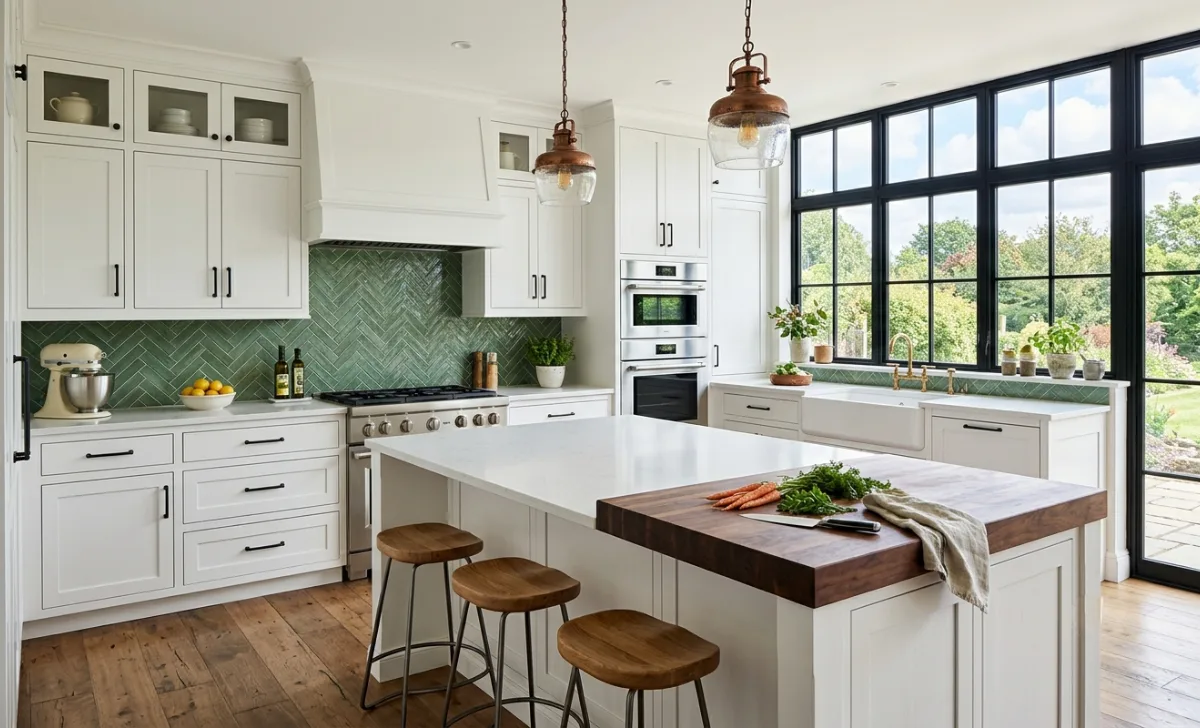Renovated kitchen inside the Tiffani Thiessen house with white cabinetry and double ovens