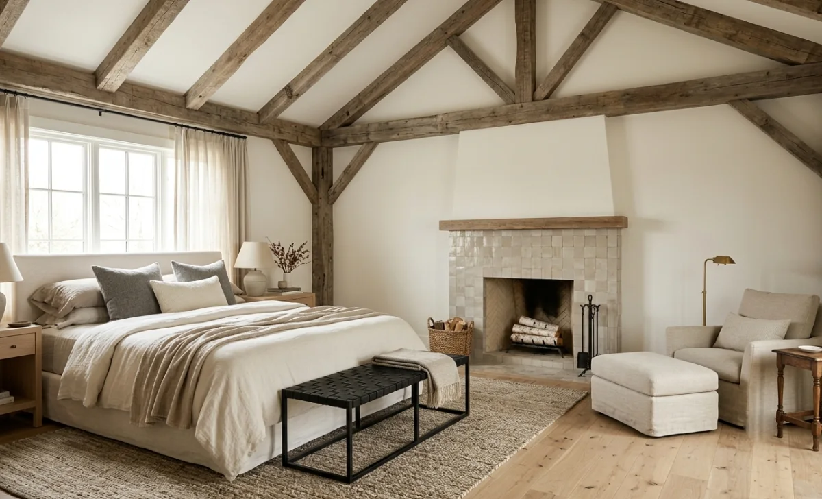 Primary bedroom in the Tiffani Thiessen house with reclaimed wood beams 