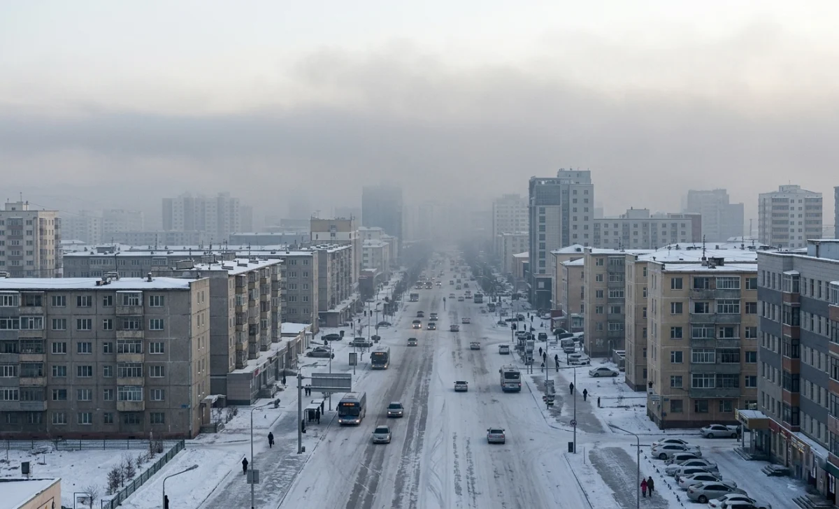 Ulaanbaatar city skyline with winter smog and Oronsuuts apartment buildings in the background