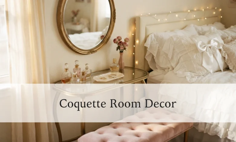 Coquette room decor bedroom featuring a pastel pink vanity, lace bedding, and gold accents