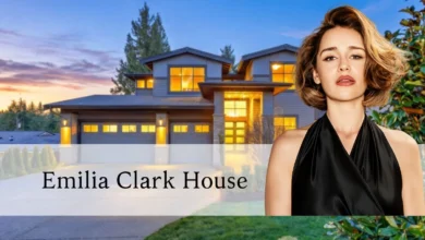 Emilia Clarke house exterior in Venice, California with modern glass doors and landscaped patio