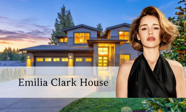 Emilia Clarke house exterior in Venice, California with modern glass doors and landscaped patio