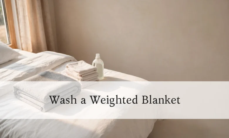 Weighted blanket folded on a bed before washing with mild detergent