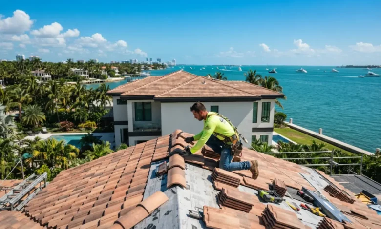 Roofer installing tile roof for roofing services in Miami FL under sunny sky