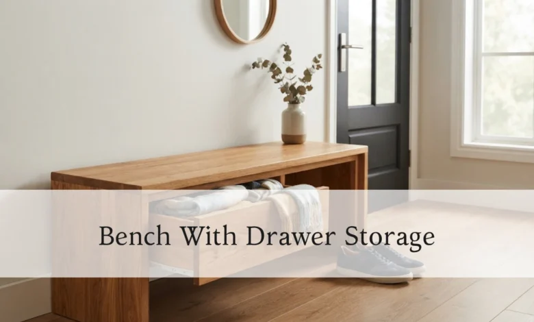 wooden bench with drawer storage in a home entryway