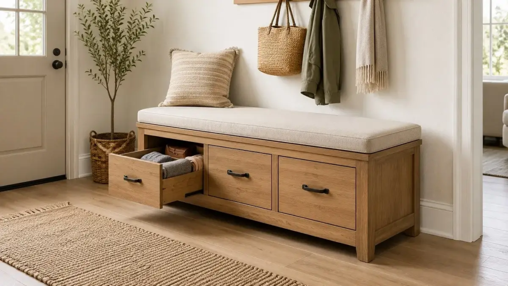 Wooden bench with drawer storage in a bright entryway