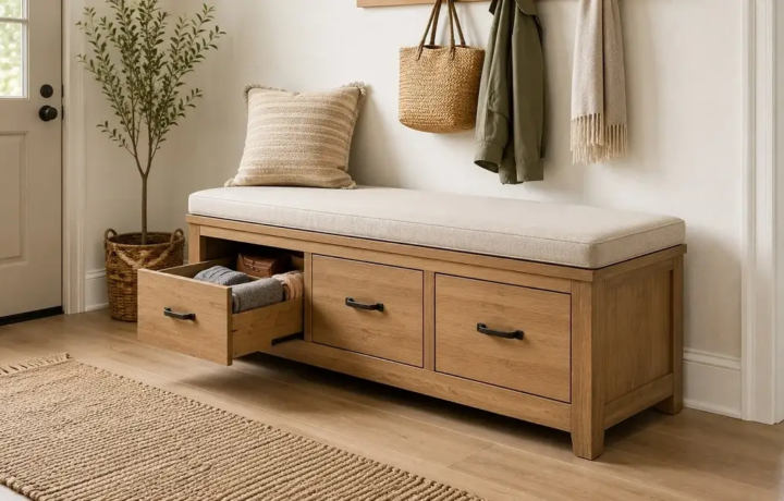 Wooden bench with drawer storage in a bright entryway