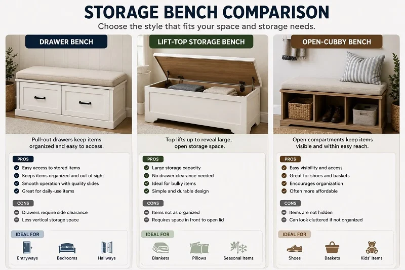 Drawer bench versus lift-top and open-cubby storage bench comparison