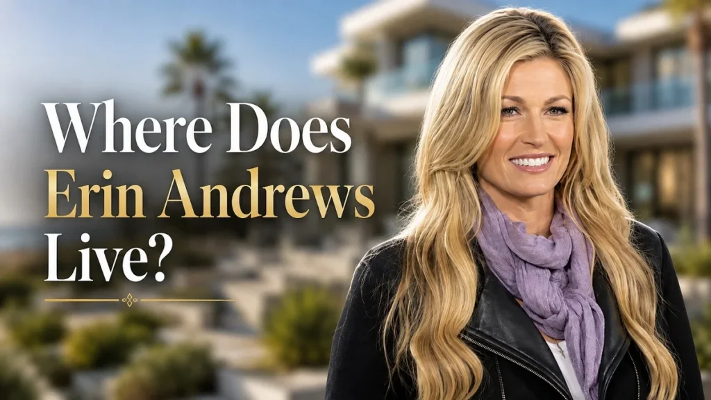 Erin Andrews in front of a blurred coastal home in Hermosa Beach with the text Where Does Erin Andrews Live