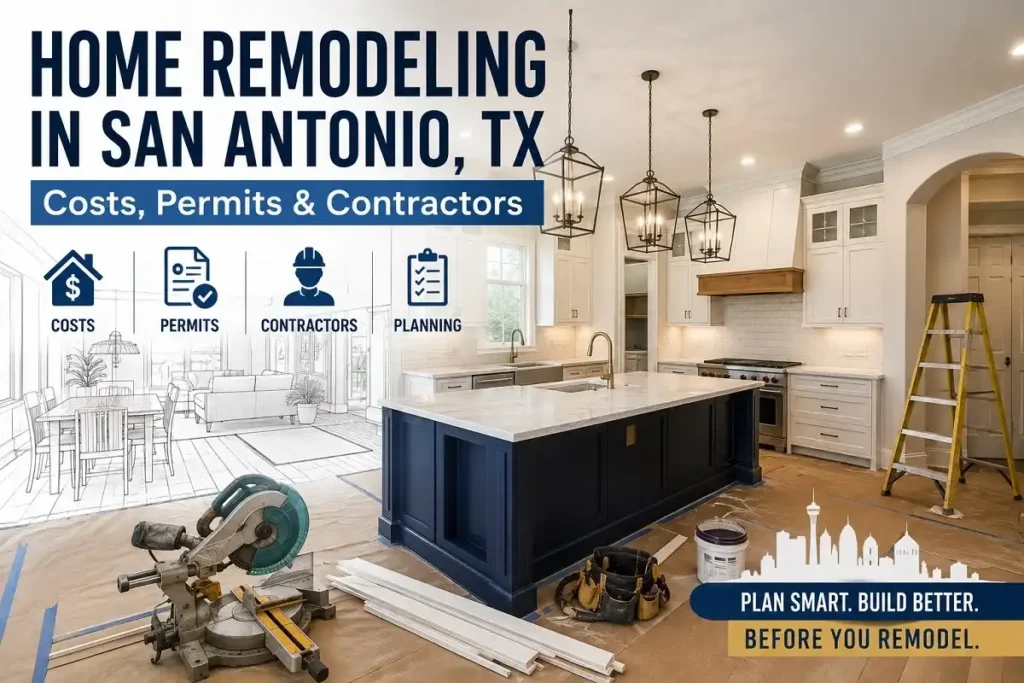 Home remodeling in San Antonio, TX showing a kitchen renovation with contractors, permits and planning